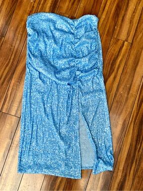 Zara Ice Blue Sequin Ruched Slit Midi Skirt High Waisted Medium M 7969/051